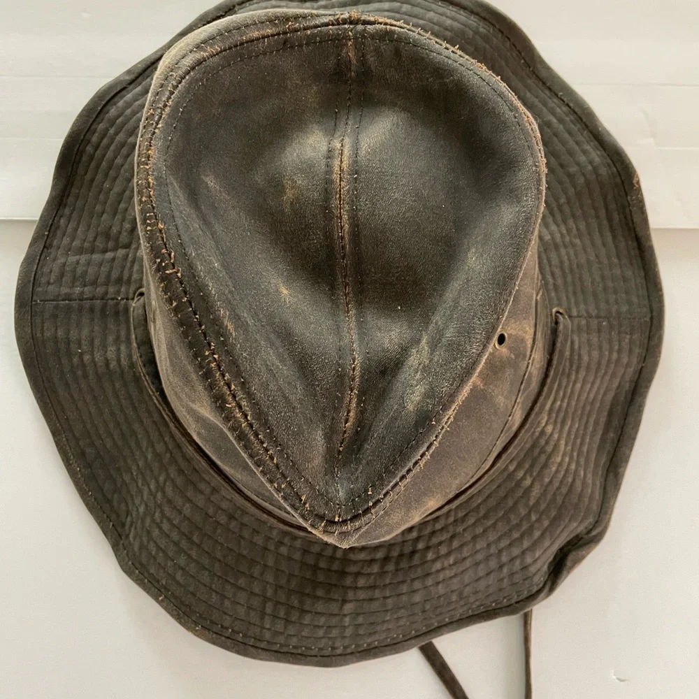 DPC Outback Handmade Cotton Hat Distressed Brown Leather Look NWT -Unisex